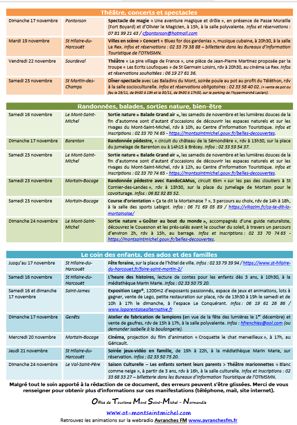 Mont Saint Michel - Normandie - Evénements du 14 au 24 novembre